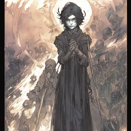 Prompt: young necromancer by demizu posuka