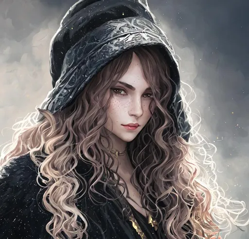 Prompt: dnd, portrait, long curly hair, female, Illustration, black hood and robes, scars, freckles