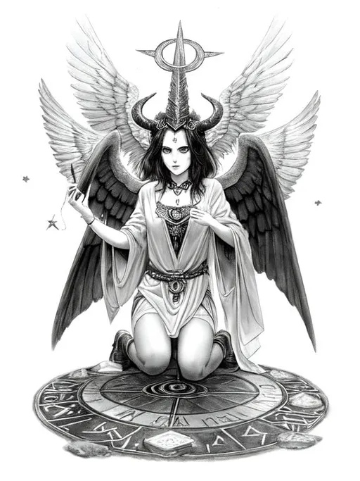 Prompt: baphomet, winona ryder, dark haired woman chanting a spell, chanting a spell, runes, stone floor, ritual, magical background, realistic eyes, dungeons & dragons art, fantasy art, dark art, gloomy, templars, esoteric sigils, mist, grey light