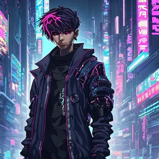 Prompt: "Create a unique and original anime character with a focus on futuristic cyberpunk aesthetics. This character should be a rogue hacker living in a neon-lit dystopian city. Describe their appearance, personality, and the tools they use in their cyber adventures."