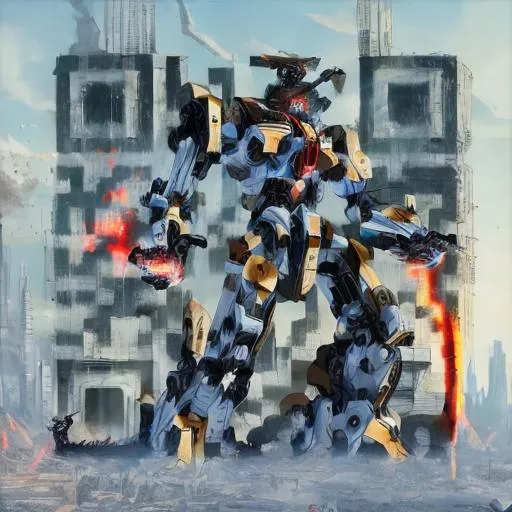 Prompt: masterpiece, best quality, mecha, no humans, black armor, blue eyes, science fiction, fire, laser canon beam, war, conflict, destroyed city background