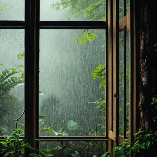 Prompt: rain, forest, window, wooden