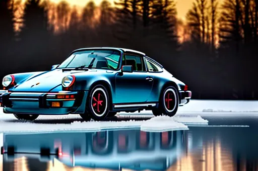 Prompt: 1979 porsche 911 sc Targa light metallic blue matte on a sheet of ice.  Woods in background with for trees. Black rims. As detailed as you can make it. 
