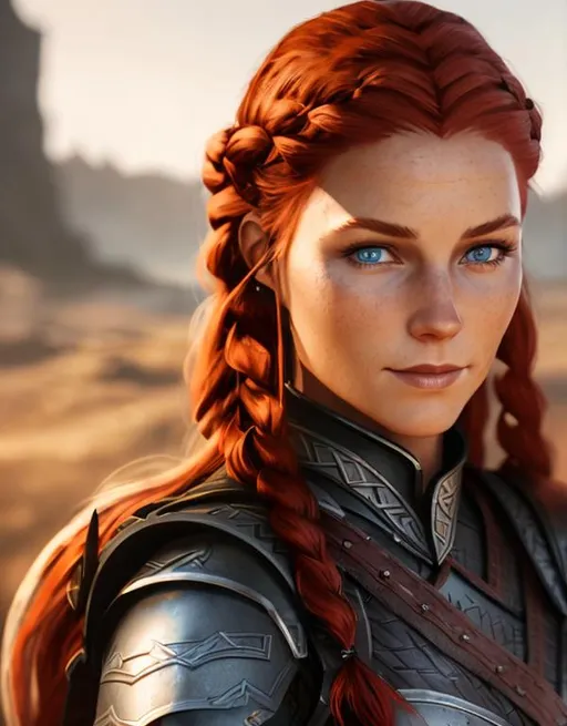 Prompt: (((Digital art))) Woman viking, subtle smile, red hair, cornrow braids, blue eyes, black gear, black armor, unreal engine, 8k octane, 3d lighting, full body, full armor