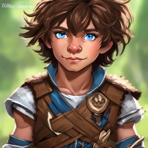 Prompt: Male halfling with short messy brown hair and blue eyes and tanned skin