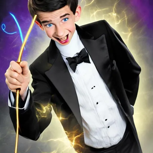 Prompt: 16 year old boy magician boy in a tuxedo with an evil grin holding his magic wand in a threatening manner ready to cast a spell with it
