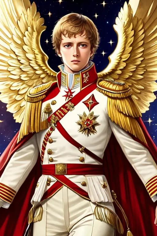 Prompt: Napoleon as Emporor, divine, invinceble, sunrays, godlike, perfection, full body, 8K HD, Epic, Napoleonic wars, Angelic, angel wings, resolved face, general, detailed face, red, white and golden uniform 