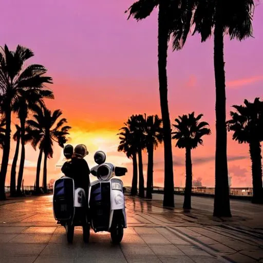 Prompt: two people on a vespa sunset cyberpunk palm trees 
