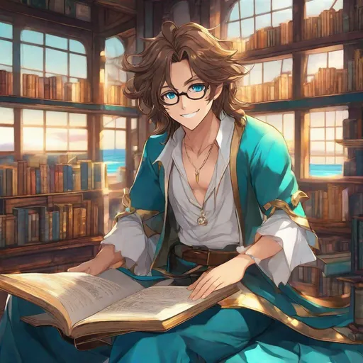 Prompt: Third person, gameplay, high quality, full body, feminine man, shoulder length wavy brown hair with blue streaks, tanned white skin, bright brown eyes, smile, glasses, extravagant turquoise and gold anime mage outfit, ((magical laboratory)) with bookshelves and a large window with an ocean view in the background, cool atmosphere, manga style, extremely detailed print by Hayao Miyazaki, Studio Ghibli, Sailor Moon
