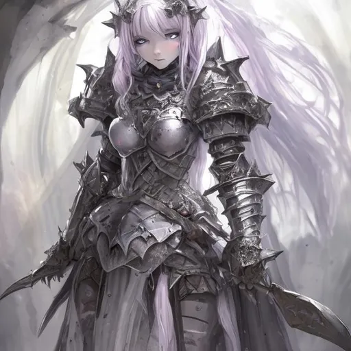 Prompt: Personification of knight armor girly duchess, great armor, warrior girl, doll girl madness child small ashes white, dark chaos, dark scary abyss manifestation, evil, madness, fearsome, full of blood, Environment blood, dark Dimensions, dark abyss, ashes body, super detailed, cinematic graphic, hyper realistic, ambient, pure aspect, malicious, sinner, Terrifying, bizarre, viscous, hyper graphic, Dark glare, knight armor  full body, broken smile, High definition, ultra realistic, sinister look, viscous ambient, dark mist, floating, sad Expression, Crying tears of blood, desolate place, eyes of galaxies, cosmo body, cosmo energy, blossoms body, great sword on her right hand, Armor wing on the back 