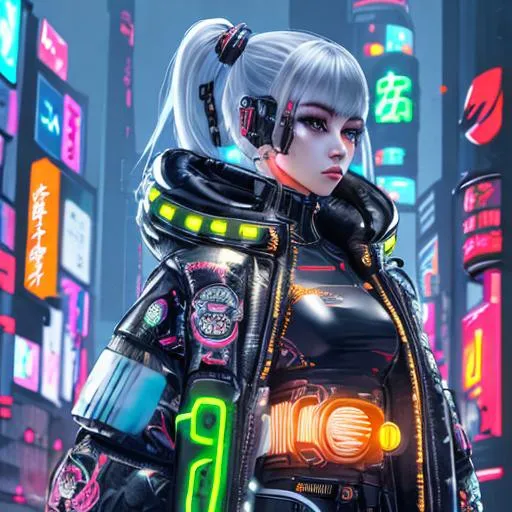 Prompt: detailed full body, cyborg operator, girl, cyberpunk, futuristic, neon reflective puffy coat, decorated with traditional Japanese ornaments, fine details, realistic shaded, porcelain face, looking off into a city scape
