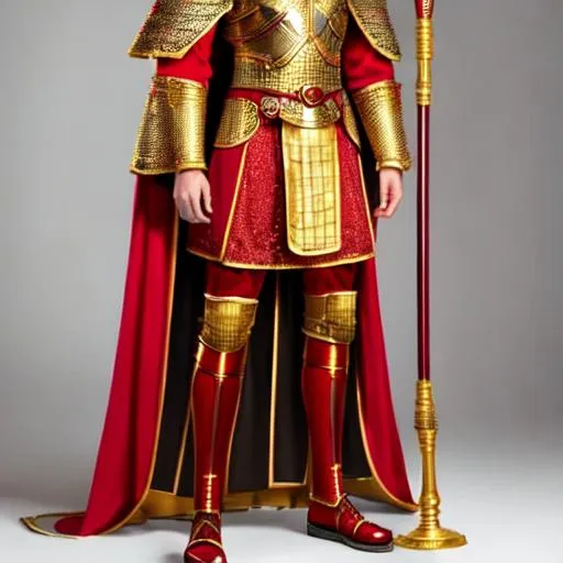 Prompt: red and gold ancient egyptian/medieval arabian scale/chainmail male armor with long red and gold robes with small gold embroidery and with a gold and red sash going over the right shoulder, on a armor stand.