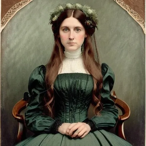 Prompt: portrait of a beautiful Victorian woman with long brown hair and dark green eyes wearing a wedding gown