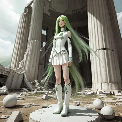 Prompt: beautiful alien girl with long green hair and white space skirt suit, white boots, near a ruined temple and UFO in background  