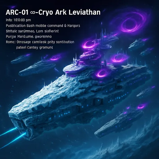 Prompt: ### ARC-001 — ∞-Cryo Ark Leviathan

* **Boy:** 10.000 km
* **Üretim:** 5 adet (flotilla)
* **Özellik:** Ana hareketli komuta & hangarlar; sonsuz buz enerjisi, lazer toplar, mor kasırga jeneratörleri
* **Roller:** Stratejik taşıma, ordu koordinasyon, gezegen/galaksi baskısı