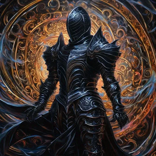 Prompt: "Seamless acrylic painting of imposing **Spectral Black Knight**, Spiraling Background, by Douglas Shuler, Eiko Ishioka. Intricate detailing, Trending on Artstation, Masterful Perfected Composition, Reimagined by industrial light and magic, nightmarish entrancing, 4k, mixed lighting, HDR, IMAX, Pixiv, shadow depth"