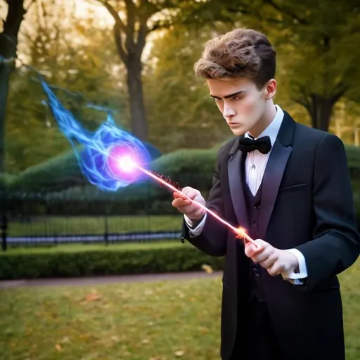 Prompt: 16 year old boy in a tuxedo treataning to cast a spell with his magic wand. He is not waveing it so no magic is happening at all. He is holding it in a threatening way ready to cast a spell. He is in the park