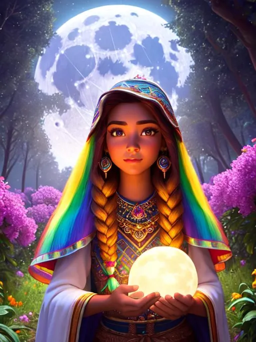 Prompt: Disney Pixar style mexican fortune teller with long rainbow hair, tan skin tone, highly detailed, intricate, big eyes, adorable, beautiful, soft dramatic lighting, light shafts, full moon, radiant, ultra high quality octane render, night time, night forest background, field of flowers, bokeh, hypermaximalist