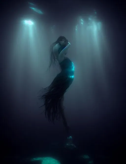 Prompt: underwater goddess in andrei sigarev style, dark mystic vibe, octane render, photorealistic, unreal engine, teal black color palette, 8k, unreal engine, octane render,