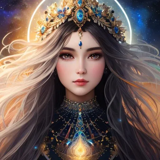 Prompt: {{{{highest quality concept art masterpiece}}}} digital drawing oil painting with {{visible fractal textured brush strokes}},cosmic, etherial, goddess of light ,closeup, full body man, medium black balayage cosmic fractal hair,