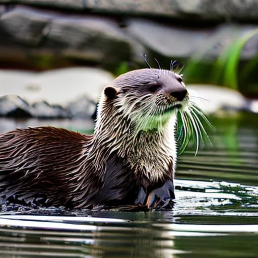 Prompt: An otter sitting near a river in black and white