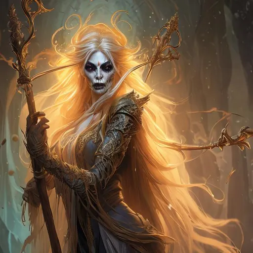 Prompt: Full body splash art portrait of a female undead sorceress casting a spell, very long honey golden hair with a fringe, wearing long light-colored iridescent robe, carrying a wooden staff, D&D, fantasy, intricate, highly detailed, very sharp focus, digital painting, artstation, concept art, 4k, 8k