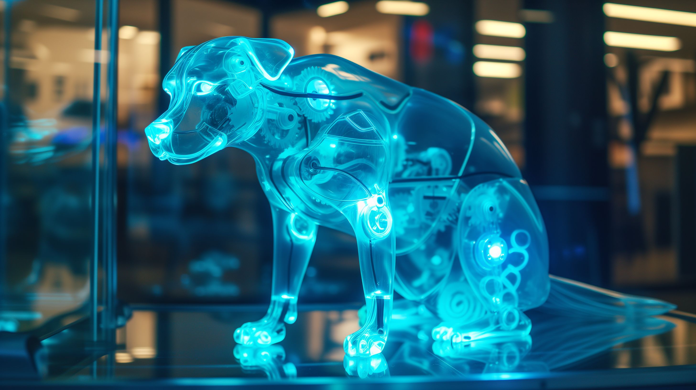 Prompt: a robot dog made by apple clean whites with glowing blue outlines, blue glowing gears, sleak, glowing blue LED eyes, clean soild white plating, friendly looking, sitting, bright white show-room, see through white plastic, 90s astetic, late 90's apple products --v 6.0 --ar 16:9