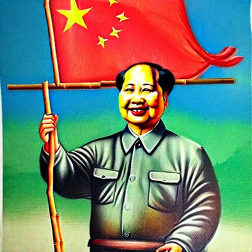 Prompt: 1960s Chinese propaganda poster of a smiling Mao Zedong, Mao is carrying a slender bamboo pole on his shoulder, Mao Zedong is in a town, attached to the bamboo pole Mao is holding are water buckets, highly detailed, highly decorated, masterpiece, vivid