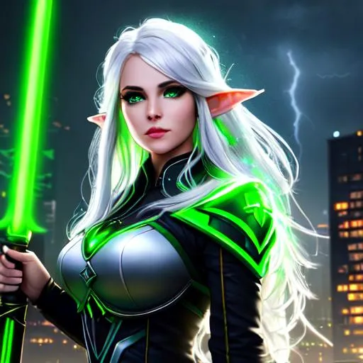 Prompt: Portrait of beautiful elf queen, silver hair, green emerald eyes,  maid dress, scythe weapon, cyberpunk style city, glowing city, glowing building lights, lightning storm, thunder storm, cyberpunk style city, 4K, 8K, wide angle, doubled frame size
