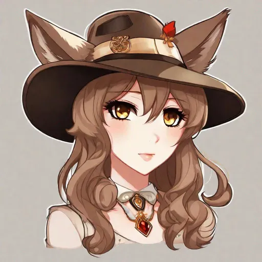 Prompt: Your OC is a small-framed glamrock wolf, with deep-set light brown eyes. They identify as female, and have a monotonous voice. As an accessory, they have a hat, and they can be seen wearing ribbons. Anime style