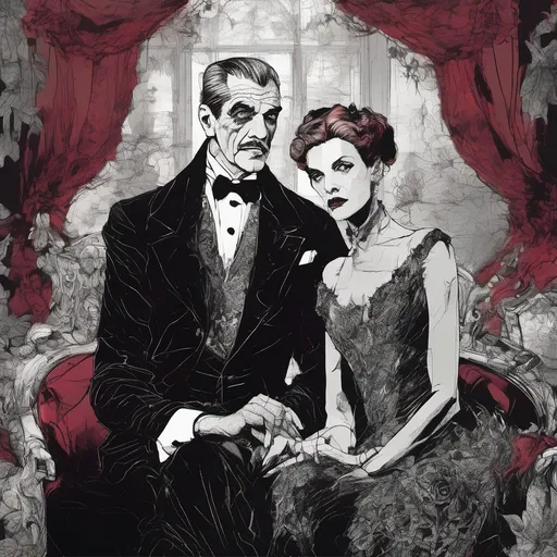 Prompt: (Boris Karloff and Vincent Price), Black and White pen and ink sketch style, dark color scheme, elegantly gothic attire, intricate details, dim lighting, dramatic shadows, opulent background, luxurious textures, ornate furniture, deep reds and blacks, baroque patterns, solemn atmosphere, rich color tones, dark romanticism, ultra-detailed, 4K, photorealistic masterpiece, timeless elegance.