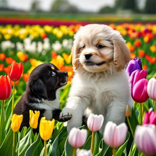 Prompt: Puppies playing with butterfly on a tulip field
