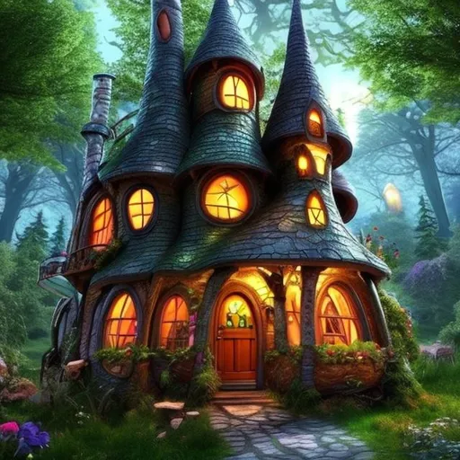 Prompt: Create fairy tale house. Realistic. Fairy colors. Science fiction. 64k. UHD, HDR. ((Masterpiece))