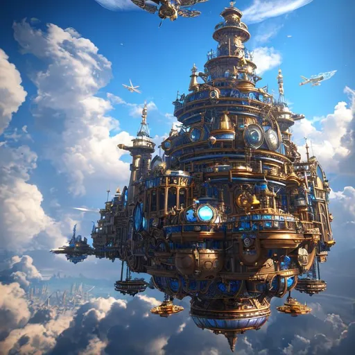 Prompt: stunning eyes gigantic detailed steampunk flying tower with giant propellers and metal wings on the cloud sky, fantasy world, blue sky, cloudy, sunshine, windy, hyper detailed, super detailed, hyper realistic, hdr, sharp focus, unreal engine 5, volumetric lighting Daz3D 128k, 8k, inspired by wlop