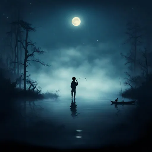 Prompt: mississippi river boy fishing, blue harvest moon, silhouette, misty, ethereal, enchanted, cel shading, magical, illustration