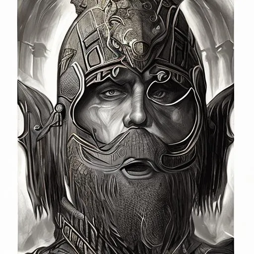 Portrait of Tyr, the norse god of war with a warrior