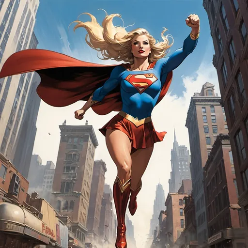 Prompt:  Supergirl ,with a physically toned  body, flying through the city, with the camera looking up and showing her full body as she passes by,  in the style of frank frazetta