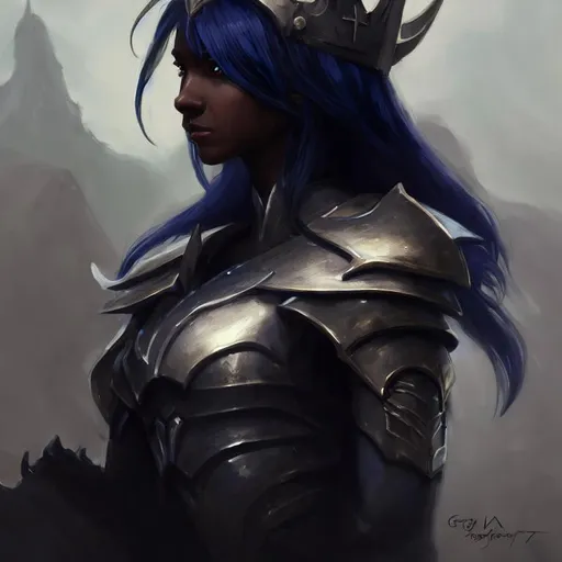 Prompt: Closeup face portrait, fantasy concept art of a  elf girl character with black skin and light blue hair and dark blue eyes in a knight armor,  Symmetrical, 8k. hd, professional oil painting, professional majestic oil painting by Greg Manchess, Atey Ghailan, Fenghua Zhong, Jeremy Mann, Greg Rutkowski, Antonio Moro, trending on ArtStation, trending on CGSociety, detailed, dramatic lighting, dawn, refraction, Unreal Engine 5, rule of thirds, looking at camera 
