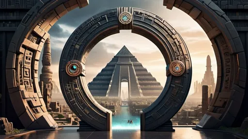 Prompt: magical portal between cities realms worlds kingdoms, circular portal, ring standing on edge, upright ring, freestanding ring, hieroglyphs on ring, complete ring, ancient aztec architecture, atlantis city plaza setting, panoramic view, futuristic cyberpunk tech-noir setting