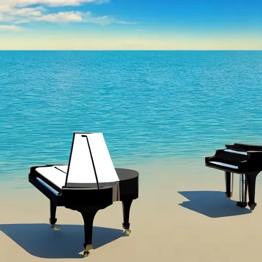 Prompt: vector illustration of a long piano, ocean background, natural sunlight, 3d blender render, 16:9, physically based rendering, crisp quality and light reflections, 