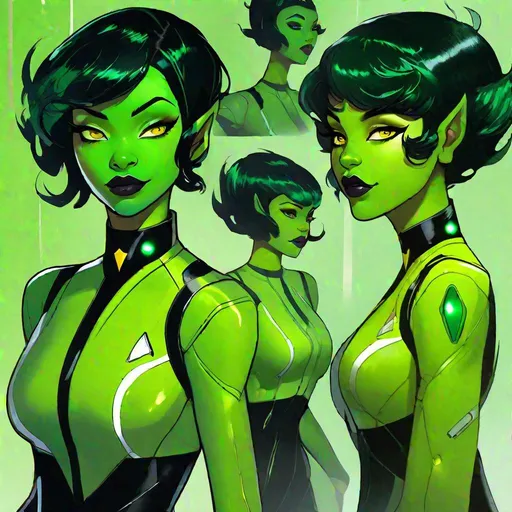 Prompt: an image of a green skinned young feminine miralan character. orion species from star trek with green skin, a green european female mandalorian, green skinned green girl with green skin, jet black lips, jet black lipstick, extremely short messy jet black bob undercut hair, bright yellow glowing eyes, moles, freckles, beauty marks, huge long hooked aquiline grecian nose. warrior wearing a jet black mandalorian armour in style of the mandalorian, green woman with green skin, in style of a star wars movie. green tan, revealed open green belly, reveals green skin, green arm, green legs, green torso, green neck, green shoulders, green hands, green feet, blushing cheeks, holding a mandalorian helmet under her armpit, mandalorian chestpiece, cape in the back falling over shoulders, 2d art. 2d. she-hulk