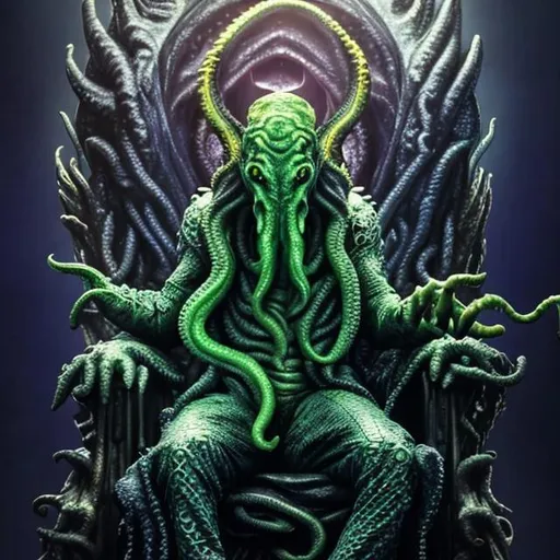 Prompt: Hyper realistic Cthulhu on throne with crown 