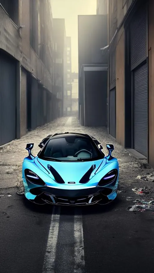 Prompt: McLaren 720s in light blue, in a dark forgotten trash filled alley way, no light coming in, with trash flying around, in the crack of dawn