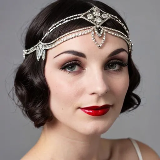 Prompt: 1920s Flapper with silver rhinestone headpiece 
