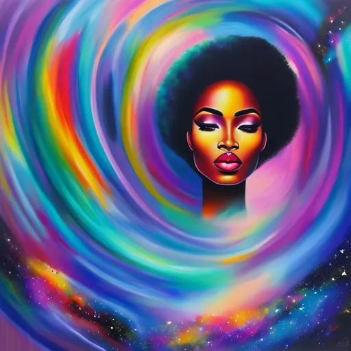 Prompt: Surreal portrait of beautiful black female, cosmic landscape background, acrylic on canvas in style of post modernism 