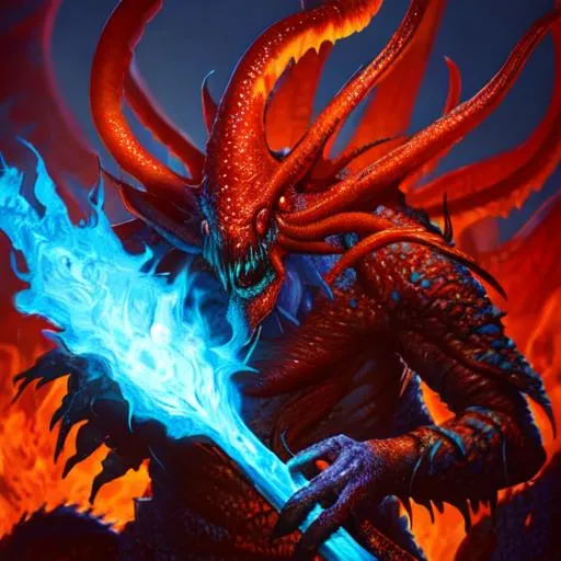 Prompt:  blue magic the gathering realistic monsters in fiery backgrounds
with large tentacles
