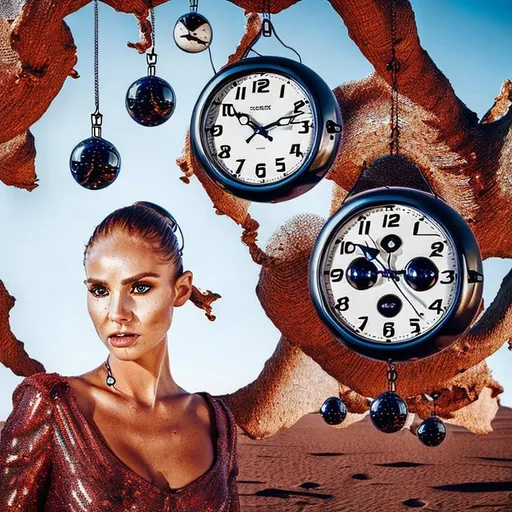 Prompt: Create a stunning composition with "Surrealist Melting Clocks" hanging from a tree and scattered around a desert. Use a golden ratio to add depth to the image. The distorted clocks represent the fluidity of time and memory.