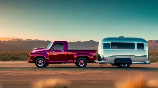 Prompt: A 1953 Ford F-100 [pulling-towing] a full size Airstream camper whilst driving away from a vintage American city skyline. Dramatic sky and clouds. 