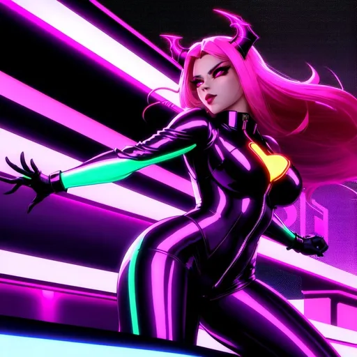 Prompt: a beautiful female demon in a dynamic pose in a retro futuristic synthwave cyberpunk neon paradise.  neon lighting, high quality, beautiful, synthwave, cyber, retro, futuristic