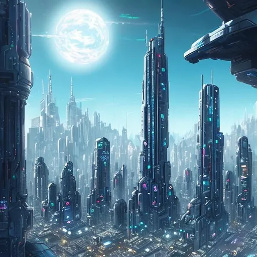 Prompt: futuristic robot filled city with skycrapers